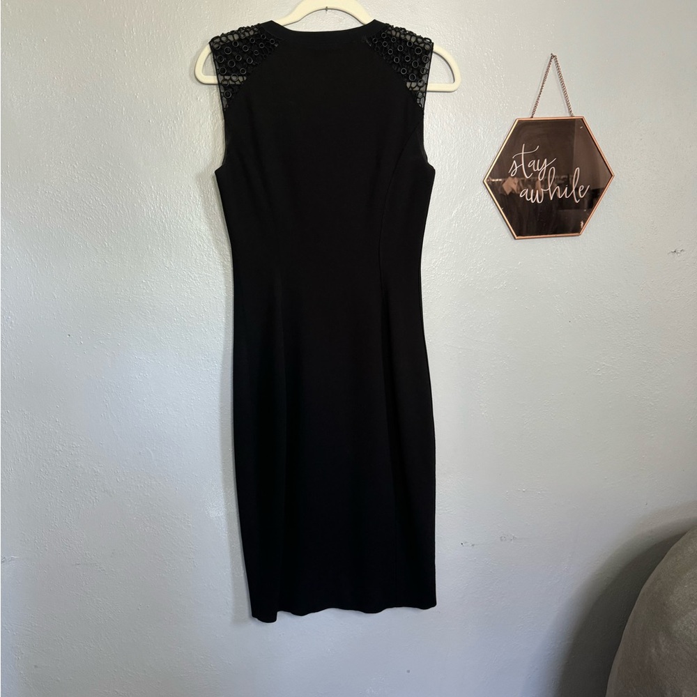 Eilie Tahari Black ZIp front Midi with Mesh Grommet Shoulders Size 2 - Picture 5 of 9